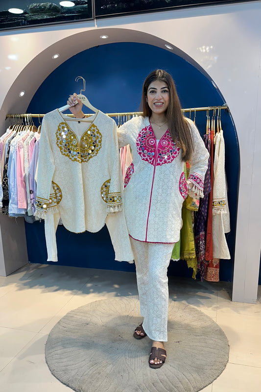 2pc Partywear Schiffli Co-ord Set Paired With Bell-bottom Pants
