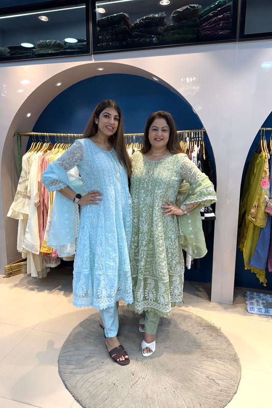 3pc Chikankari Anarkali Suit With Organza Dupatta