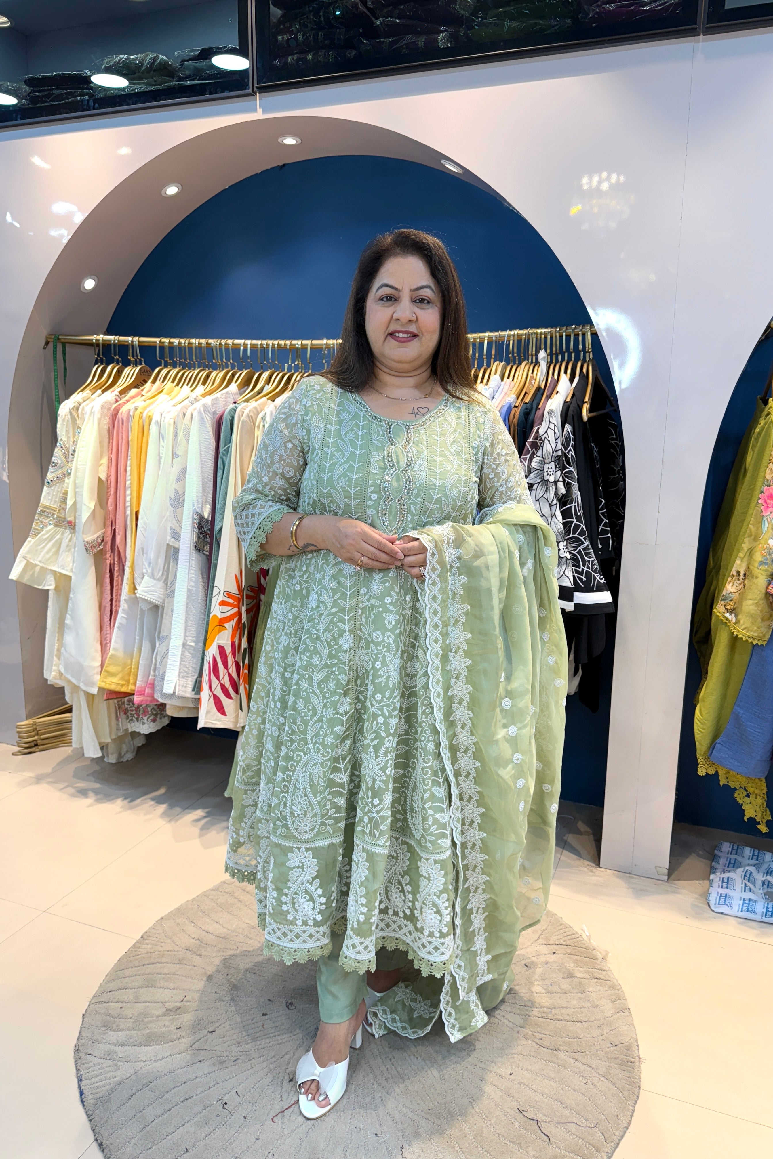 3pc Chikankari Anarkali Suit With Organza Dupatta