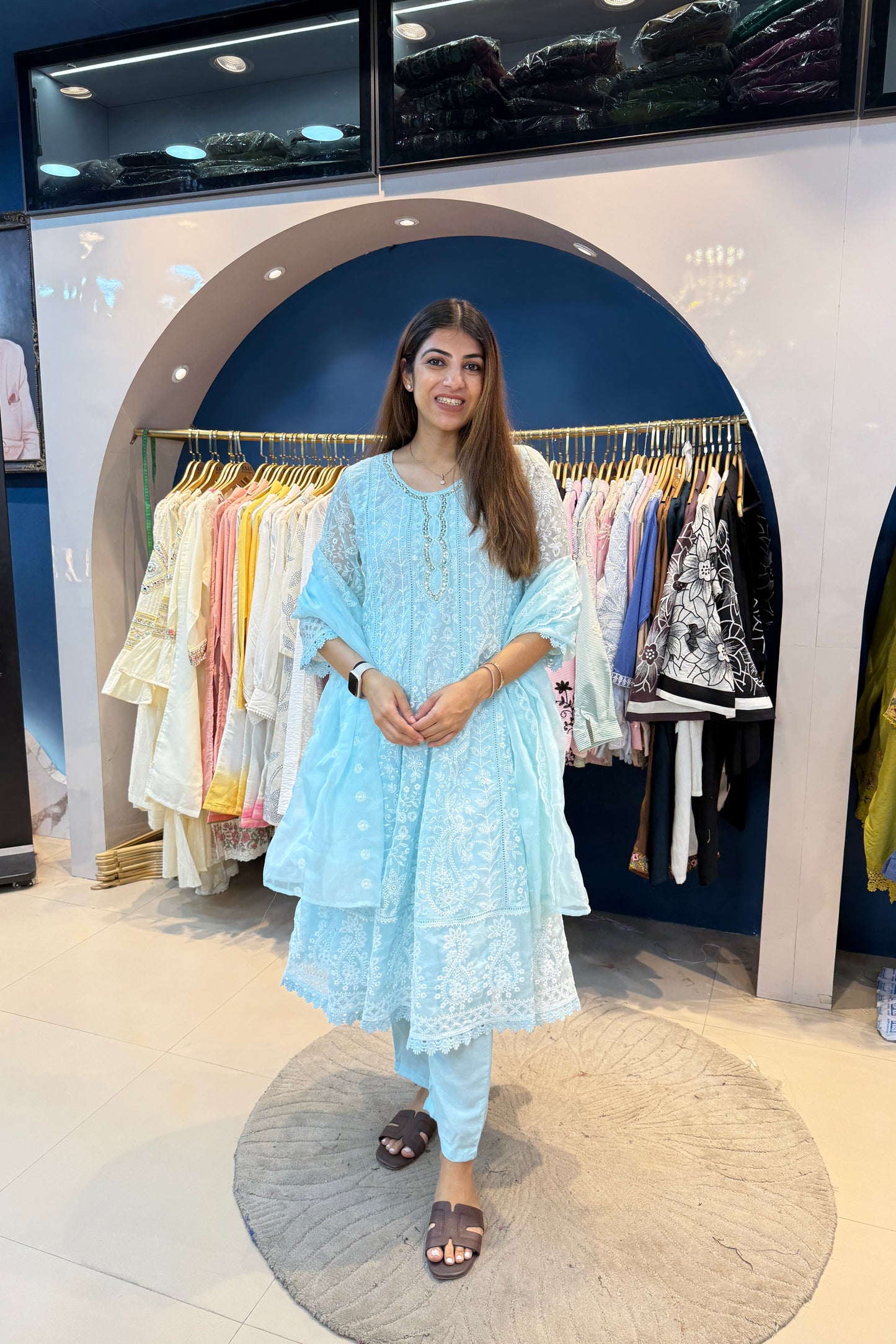 3pc Chikankari Anarkali Suit With Organza Dupatta
