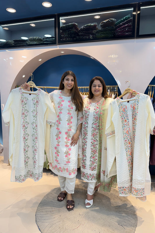 3pc Chikankari Embroidered Suit With Printed Dupatta