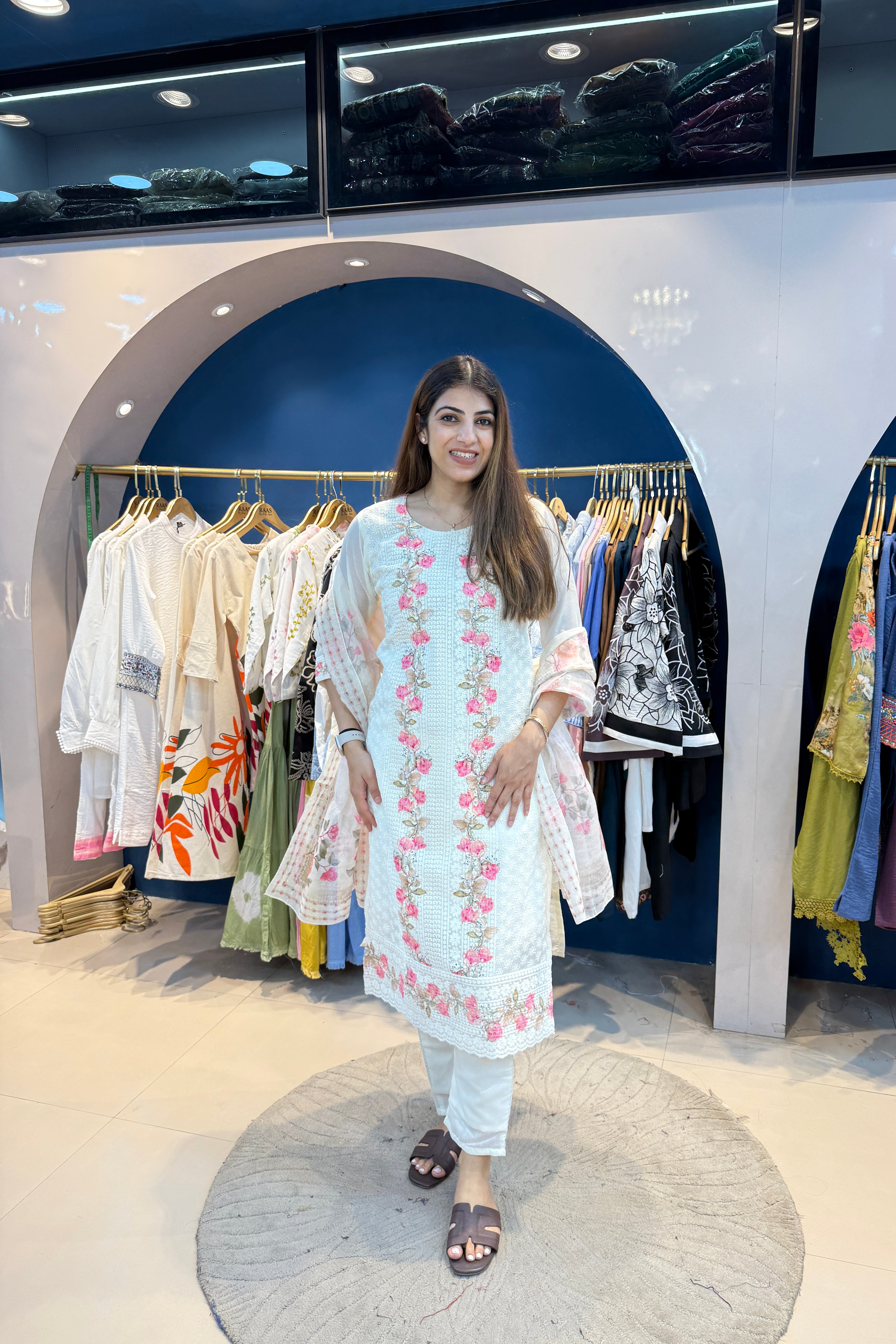 3pc Chikankari Embroidered Suit With Printed Dupatta