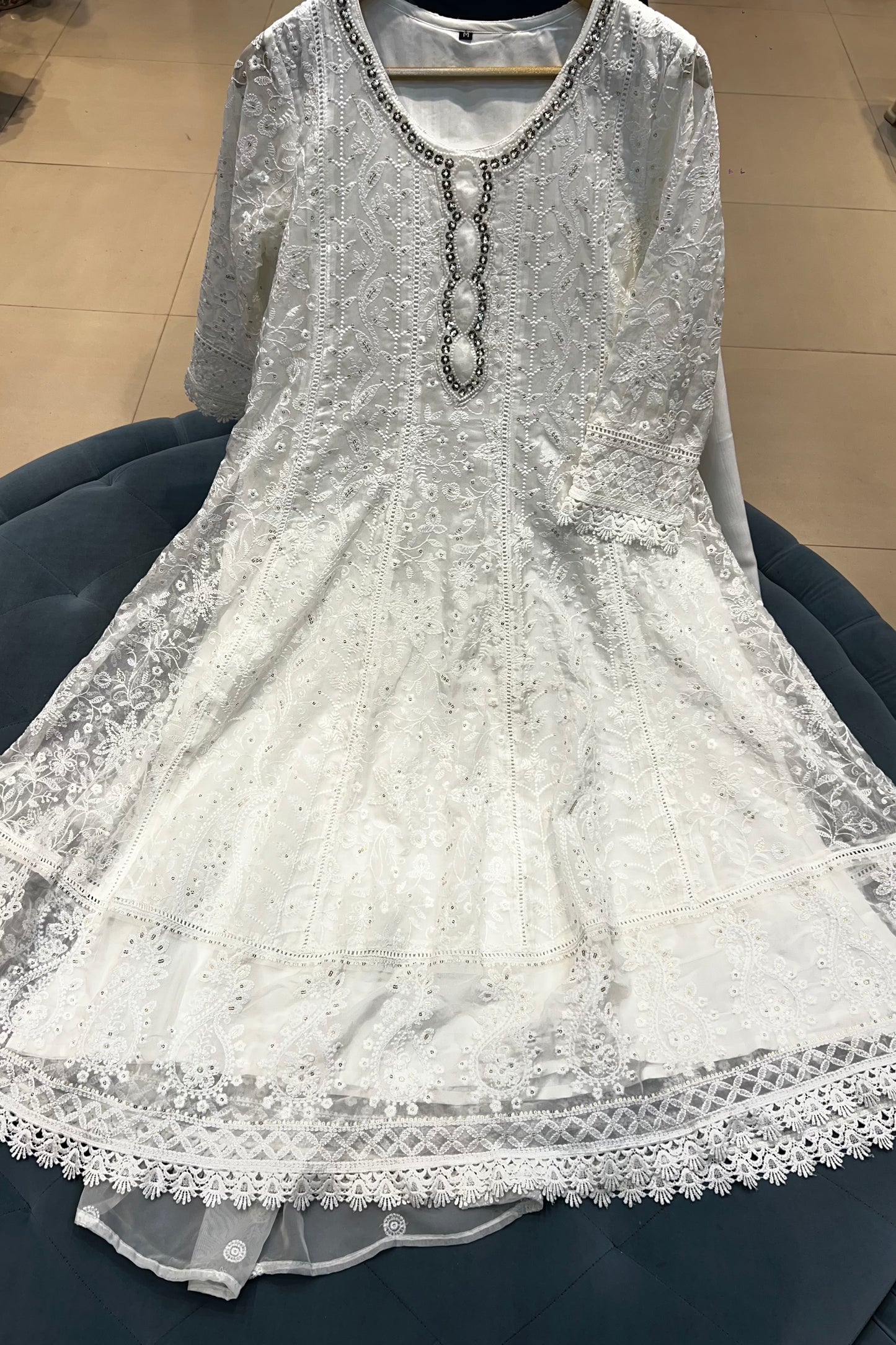 3pc Chikankari Anarkali Suit With Organza Dupatta