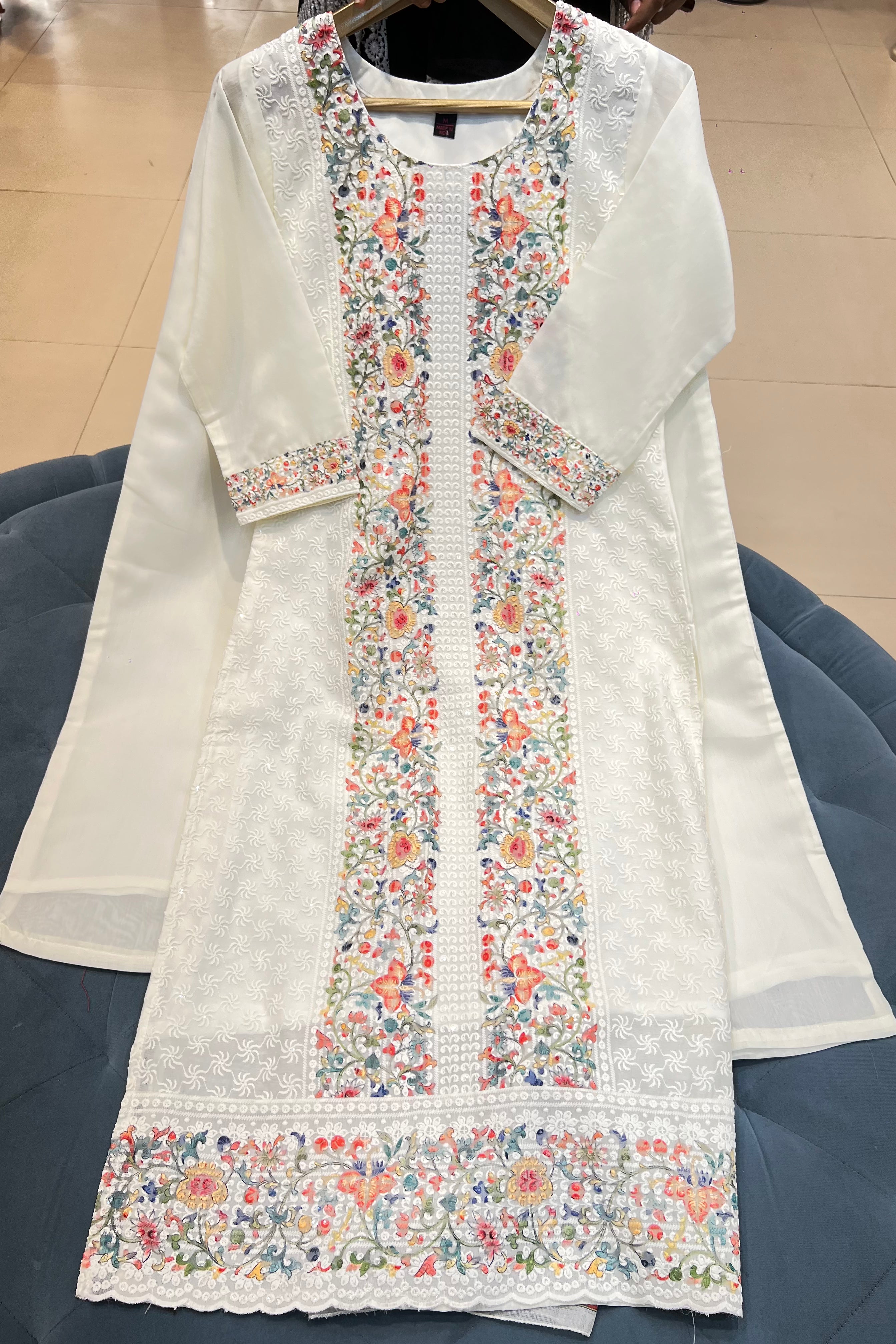 3pc Chikankari Embroidered Suit With Printed Dupatta