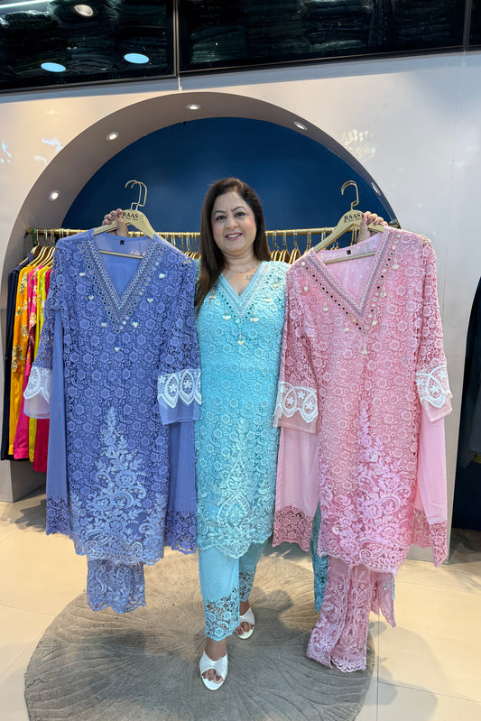 3pc Schiffli Partywear Suit With Organza Dupatta