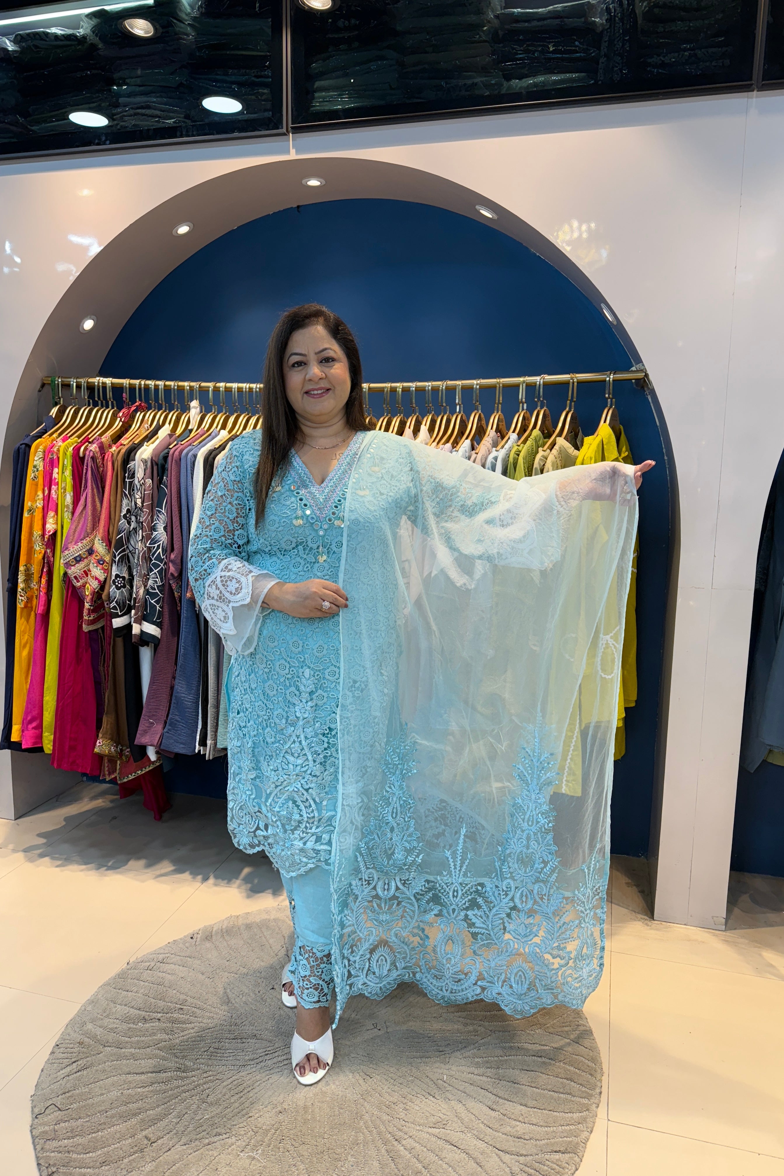 3pc Schiffli Partywear Suit With Organza Dupatta