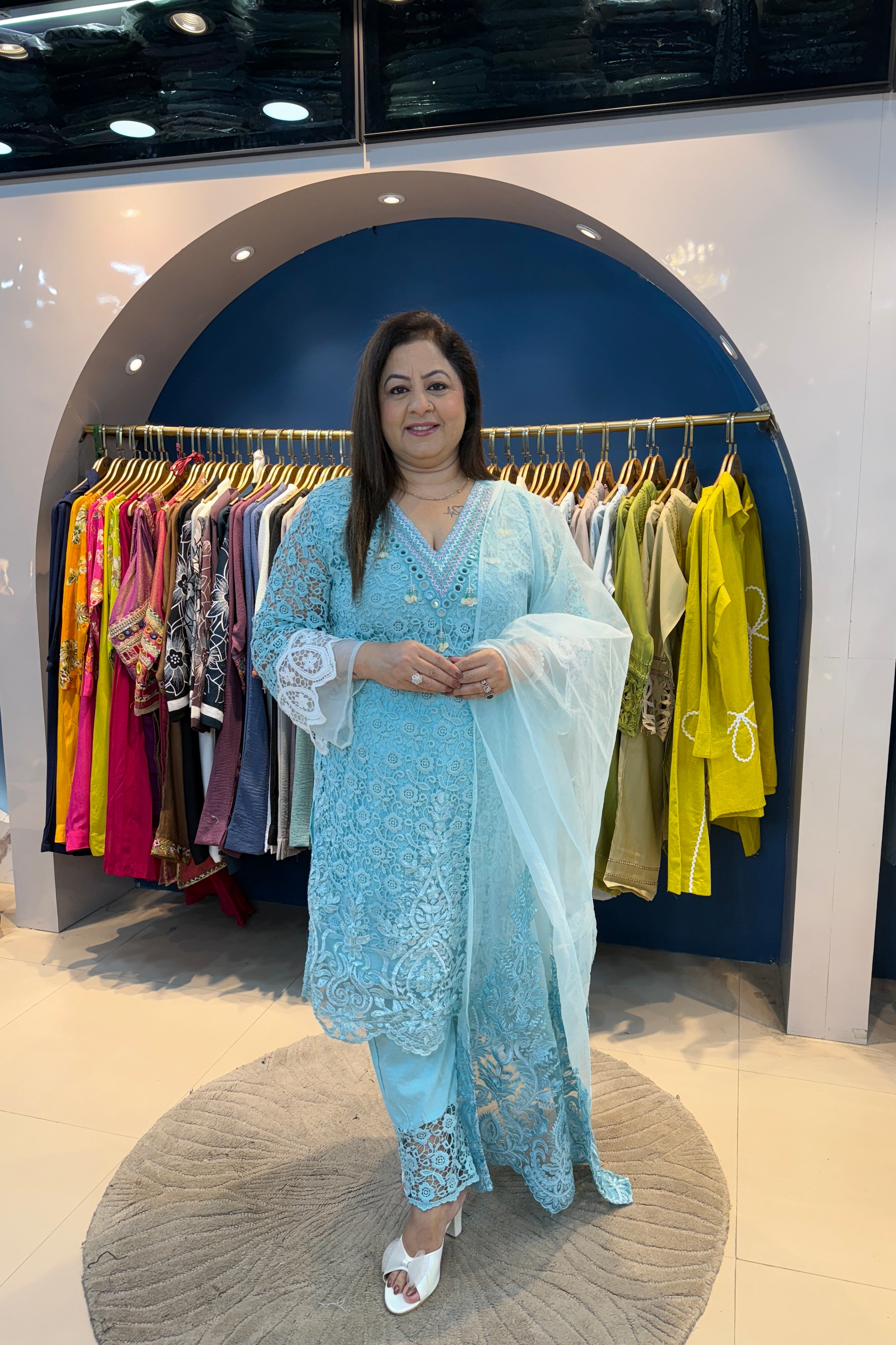 3pc Schiffli Partywear Suit With Organza Dupatta