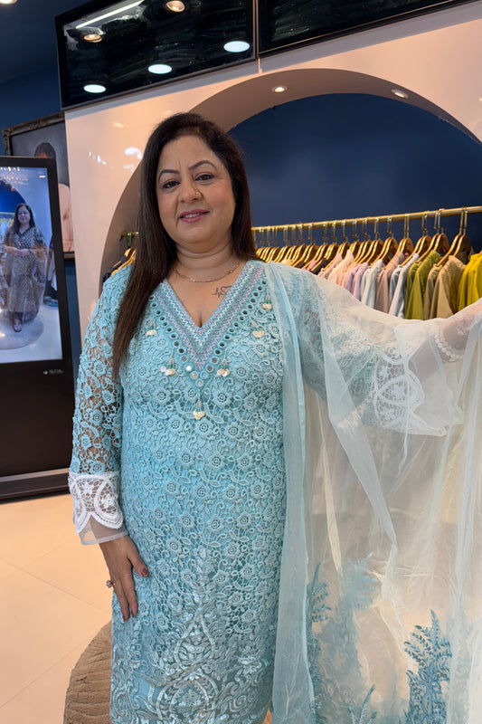 3pc Schiffli Partywear Suit With Organza Dupatta