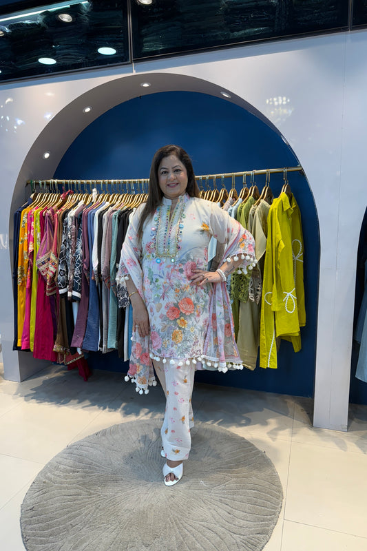 3pc Mull-Cotton Printed Suit Paired With Farsi Salwar