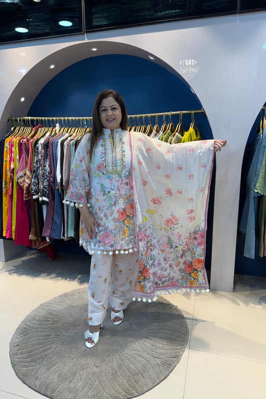 3pc Mull-Cotton Printed Suit Paired With Farsi Salwar