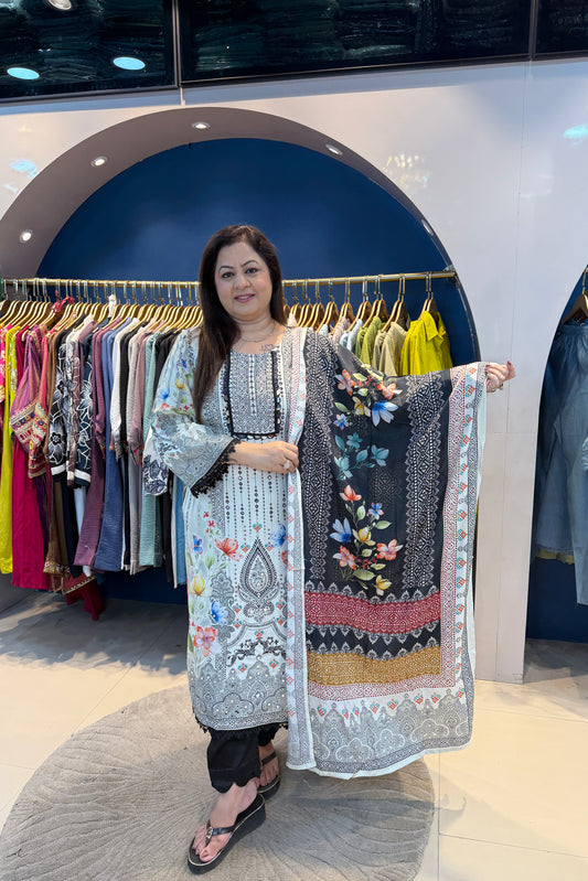 2pc Crepe Printed Partywear Suit With Printed Dupatta