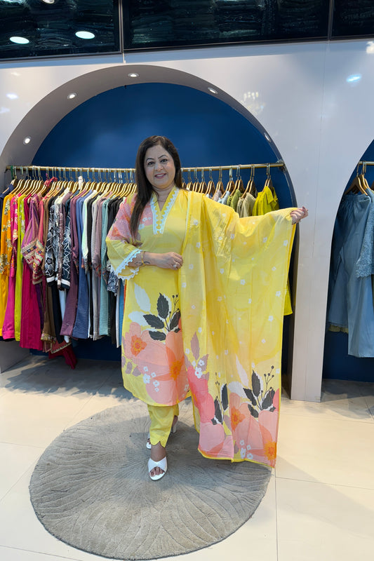 3pc Mull-Cotton Printed Suit With Printed Dupatta