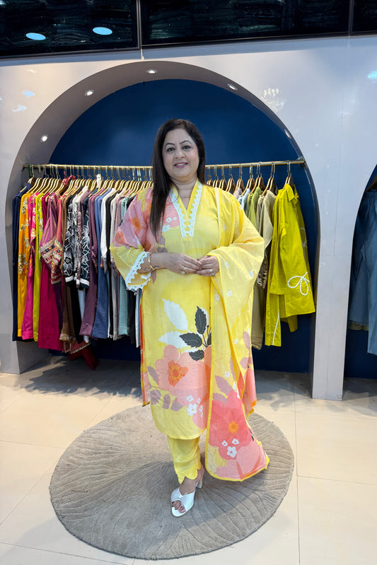 3pc Mull-Cotton Printed Suit With Printed Dupatta