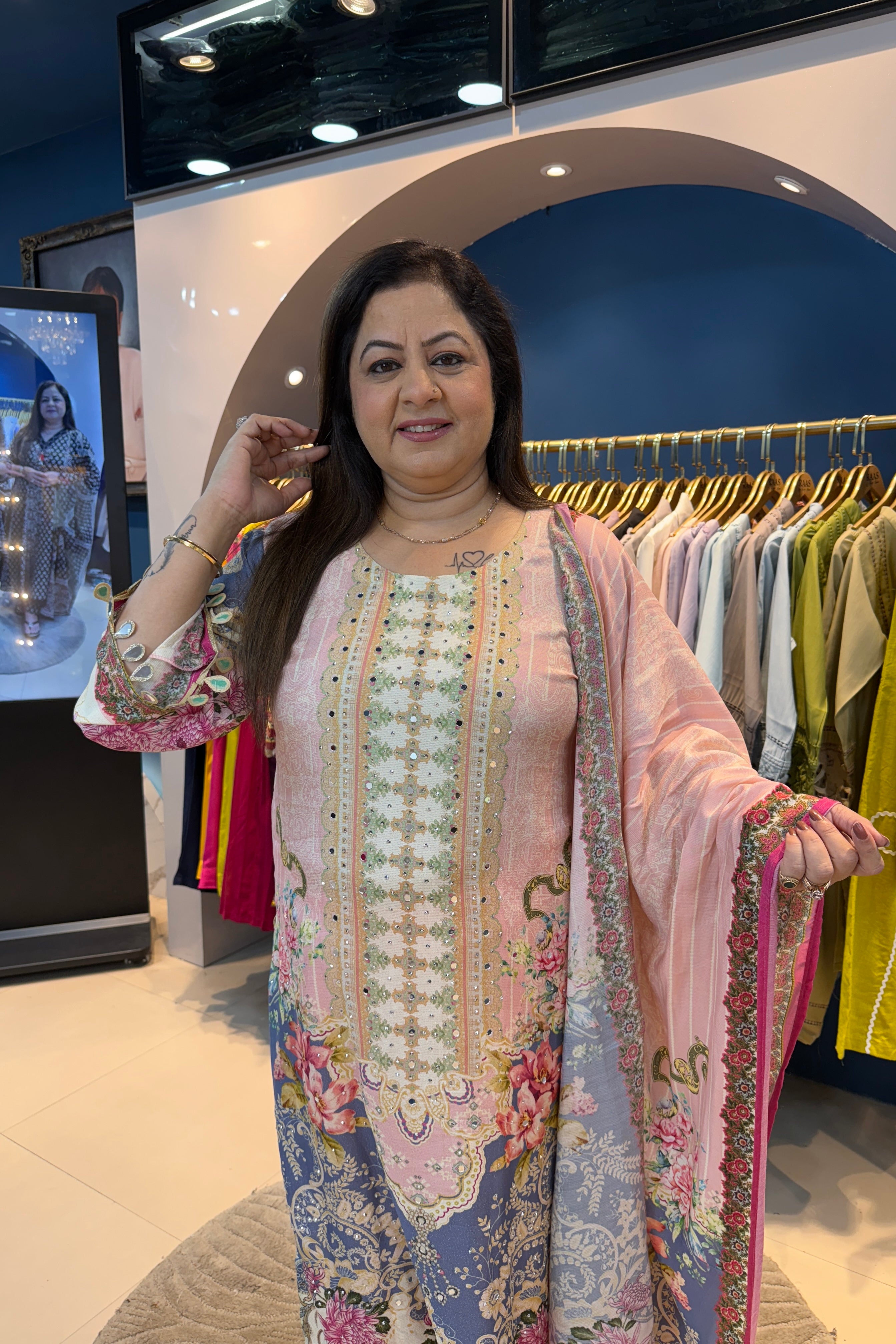3pc Crepe Partywear Printed Suit With Printed Dupatta