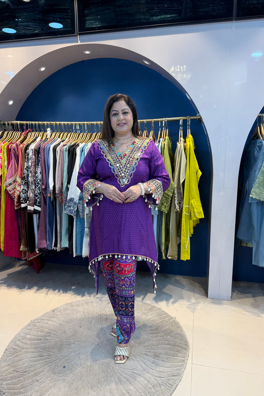 2pc Crepe Partywear C-Cut Co-ord Set Paired With Printed pants