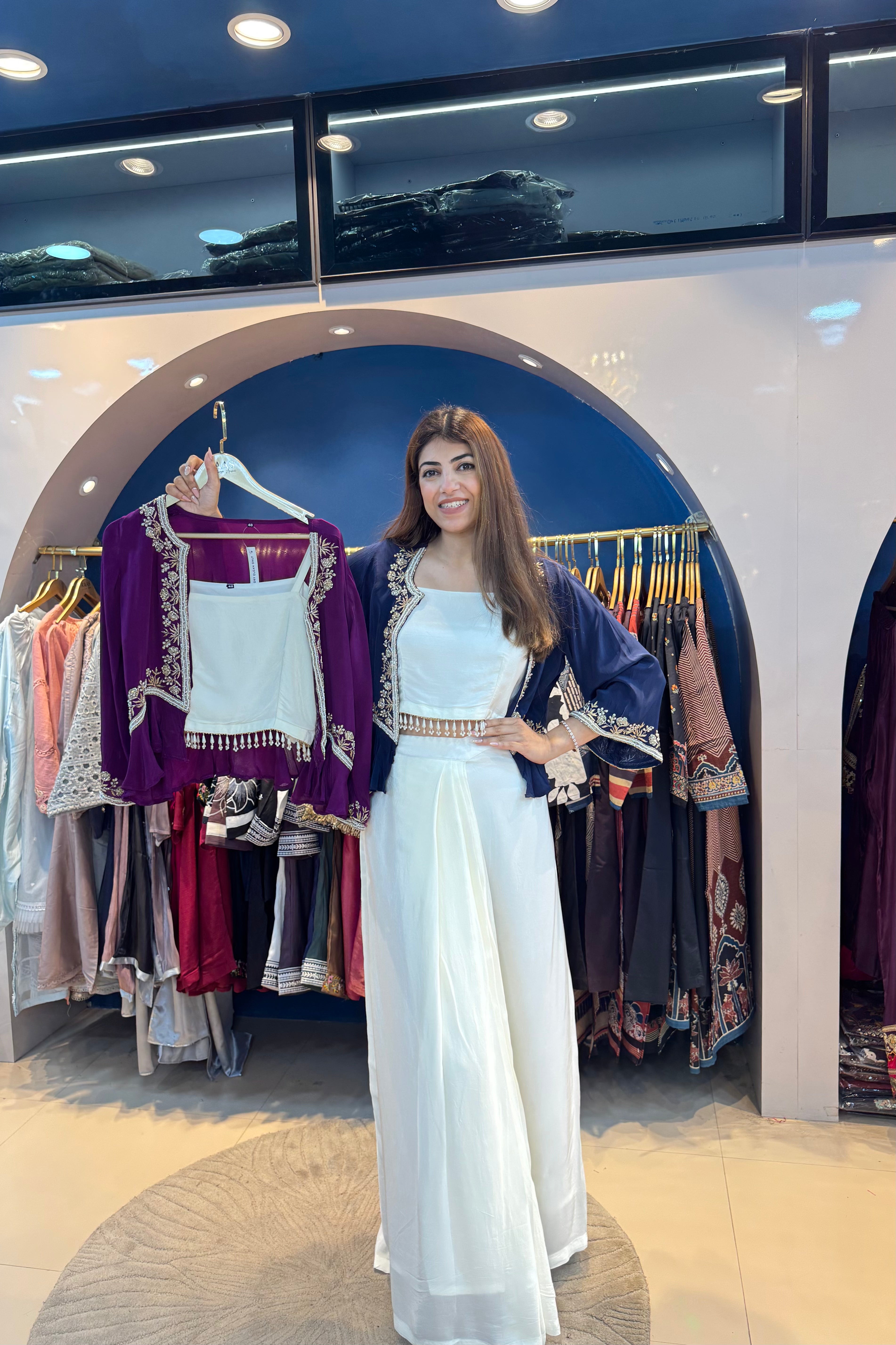 3pc Indo-western Set With Short Jacket And Inner Paired With Drape Skirt