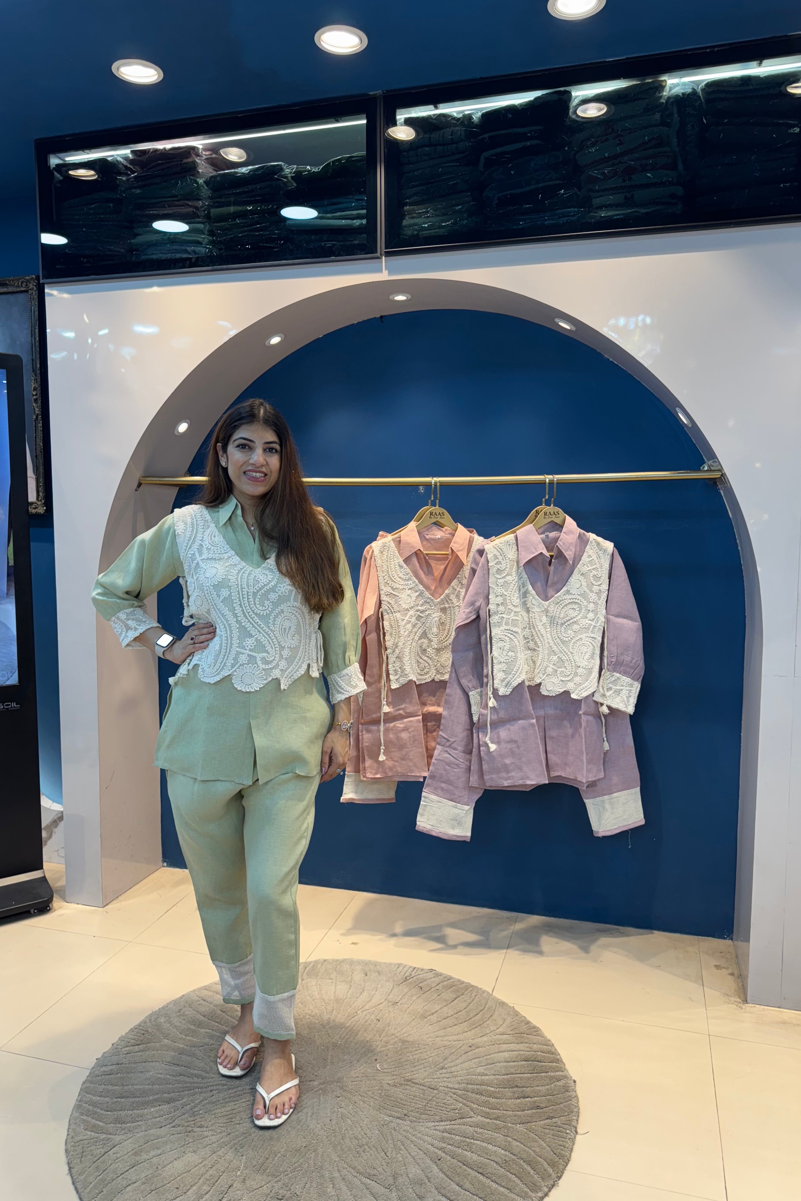 2pc Cotton-Linen Co-ord Set Paired With Crochet Crop Jacket