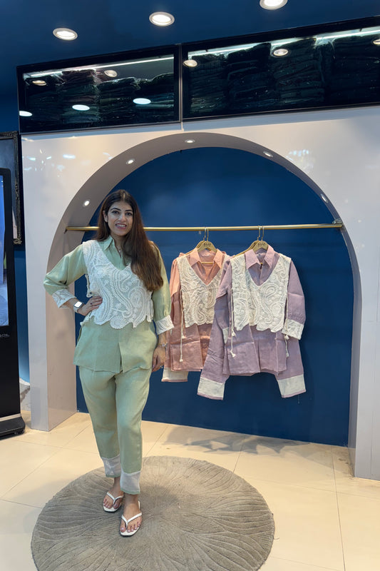 2pc Linen Co-ord Set Paired With Crochet Crop Jacket