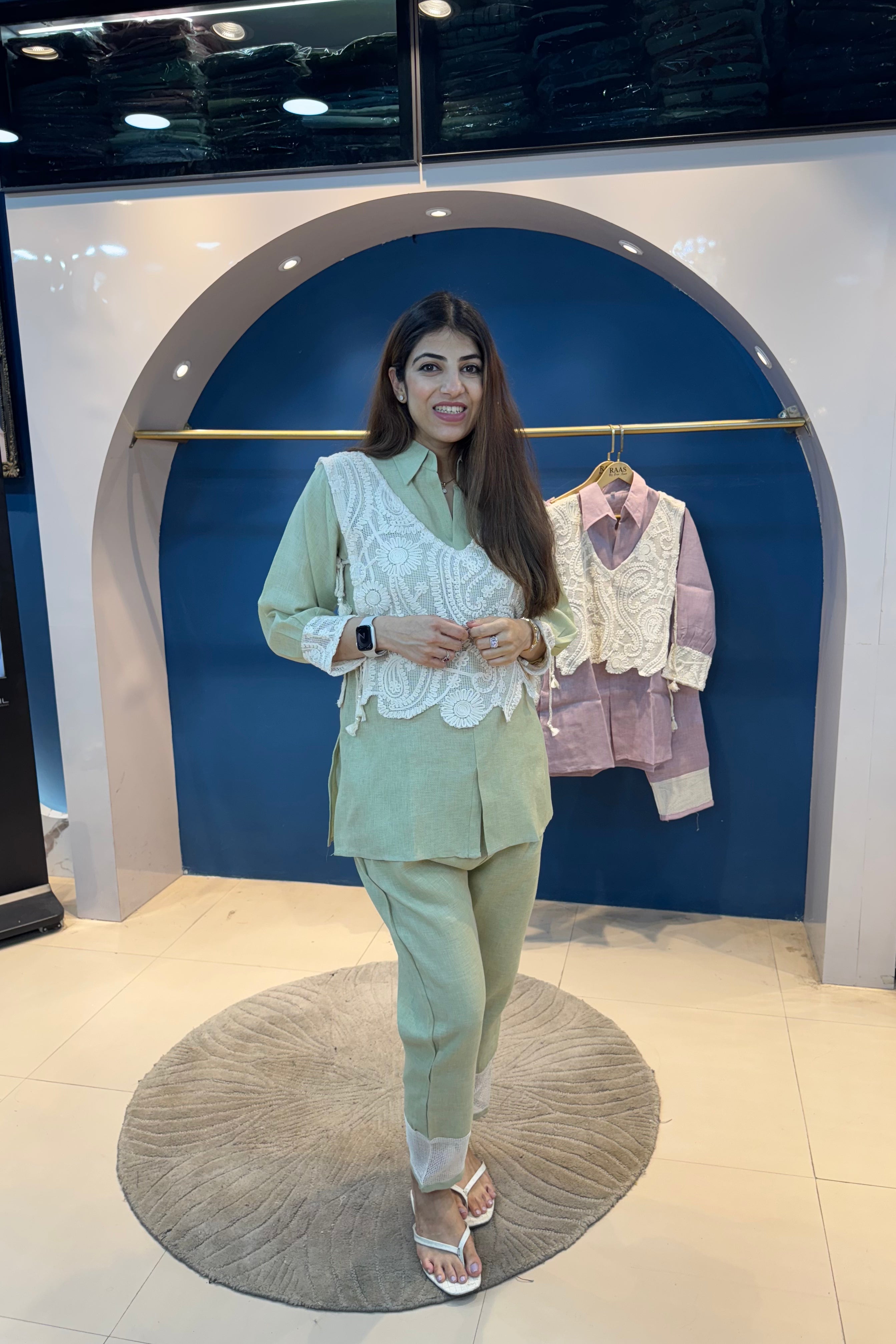 2pc Cotton-Linen Co-ord Set Paired With Crochet Crop Jacket