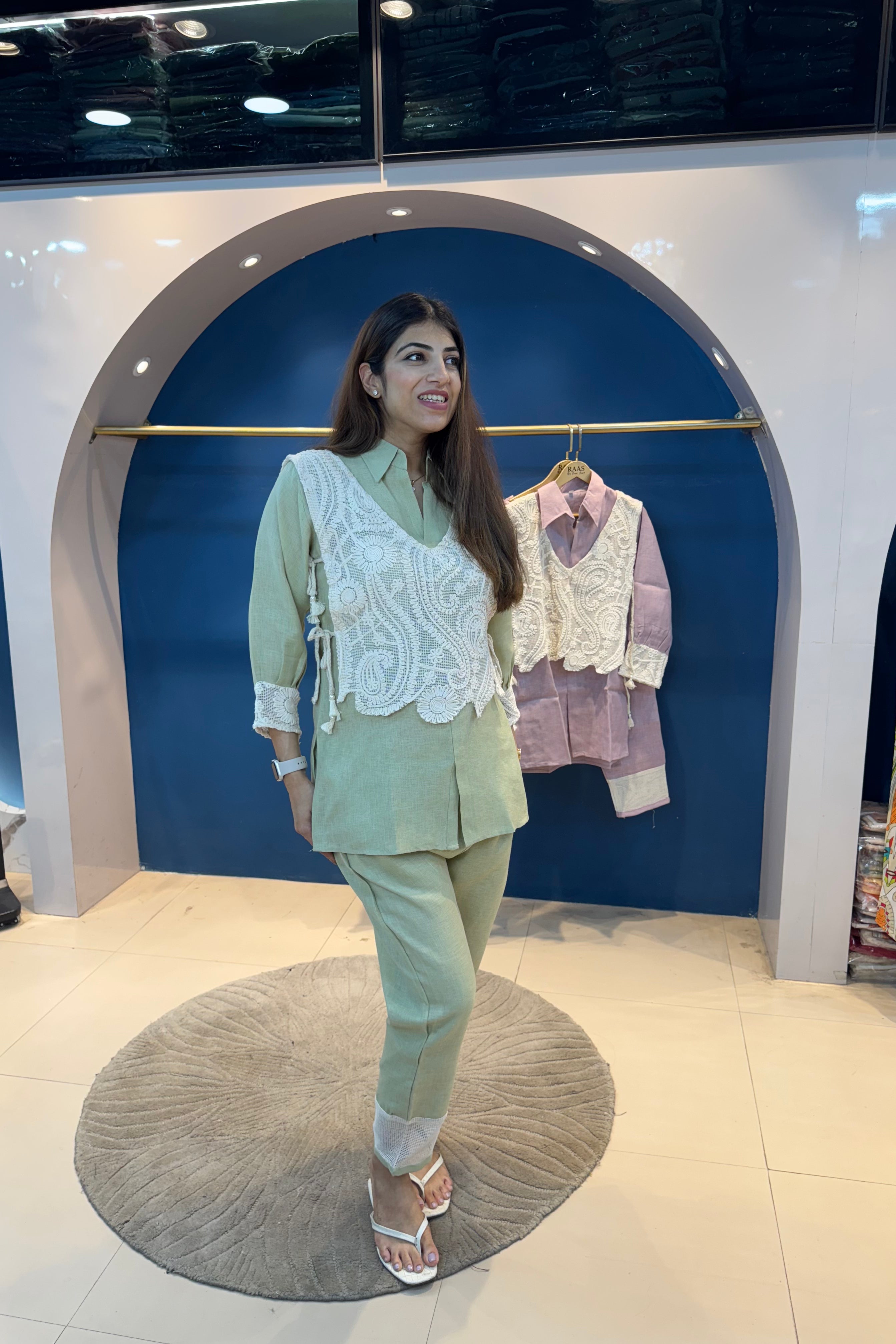 2pc Cotton-Linen Co-ord Set Paired With Crochet Crop Jacket