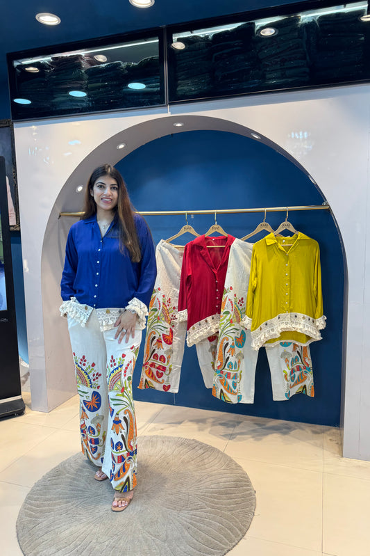 2pc Cotton-Muslin Co-ord Set Paired With Printed Plazzos