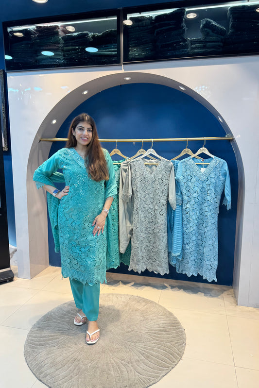 3pc Crochet Partywear Suit With Dupatta