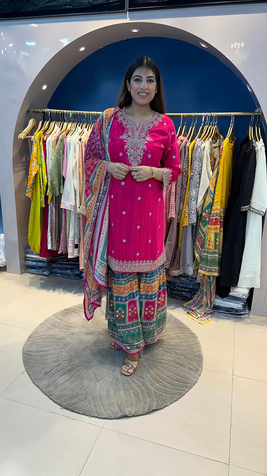 Crepe Party Wear 3 pc Suit with Digital sharara & Dupatta