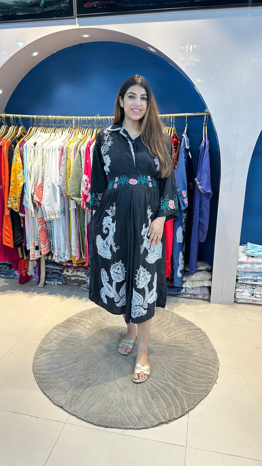 Cotton Linen Embroidered Dress with Elastic