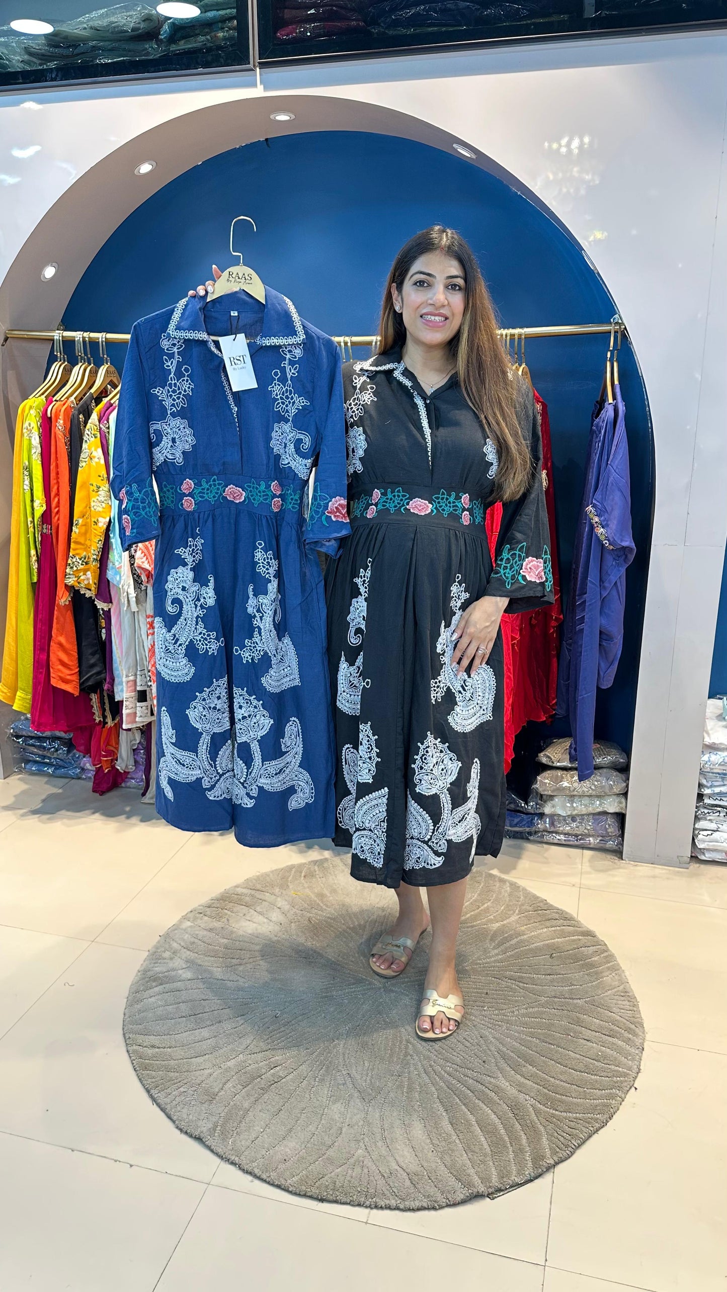 Cotton Linen Embroidered Dress with Elastic