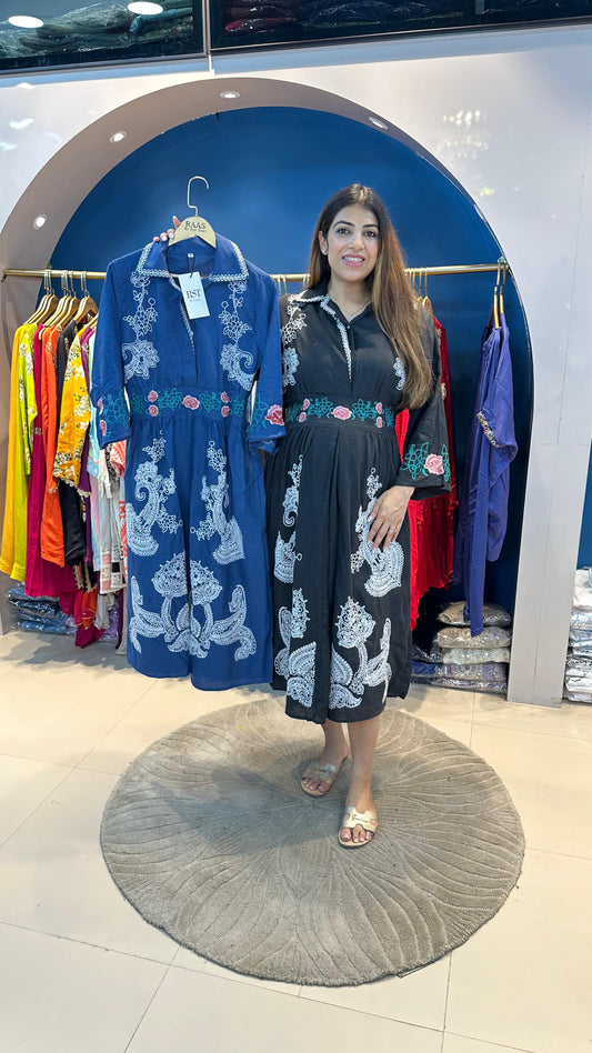 Cotton Linen Embroidered Dress with Elastic