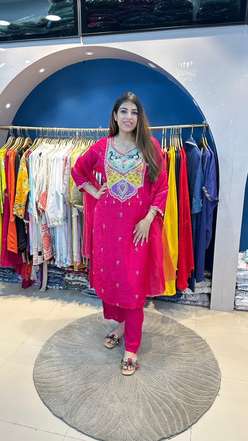 Dola Silk Suit with Handwork Paired with organza Dupatta