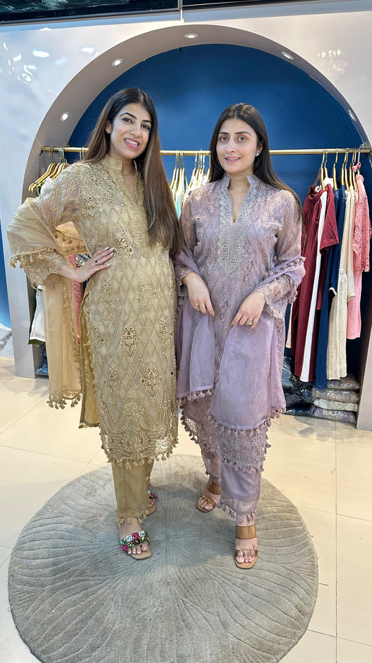 Organza Schiffli Suit with Organza Dupatta with Tassel