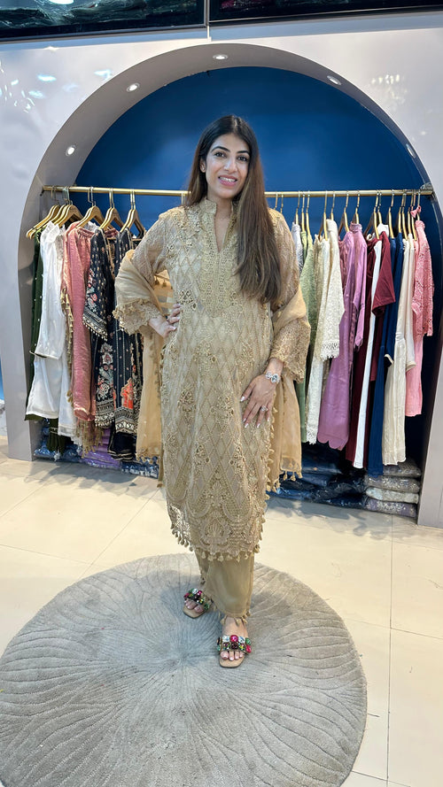 Organza Schiffli Suit with Organza Dupatta with Tassel