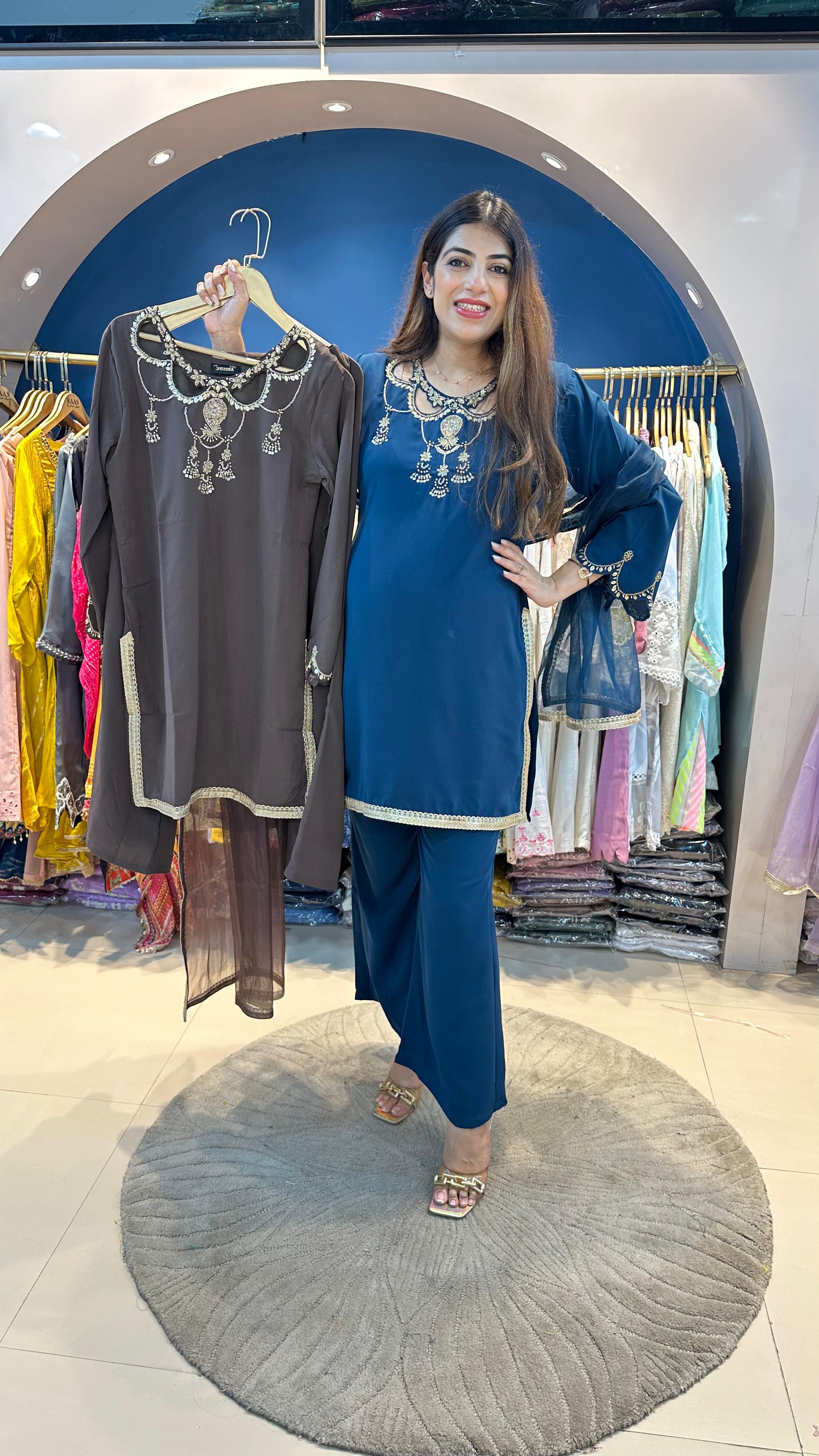 Imported Georgette Party Wear 3 pc Suit with Stylish Handwork on Neck with Organza Dupatta