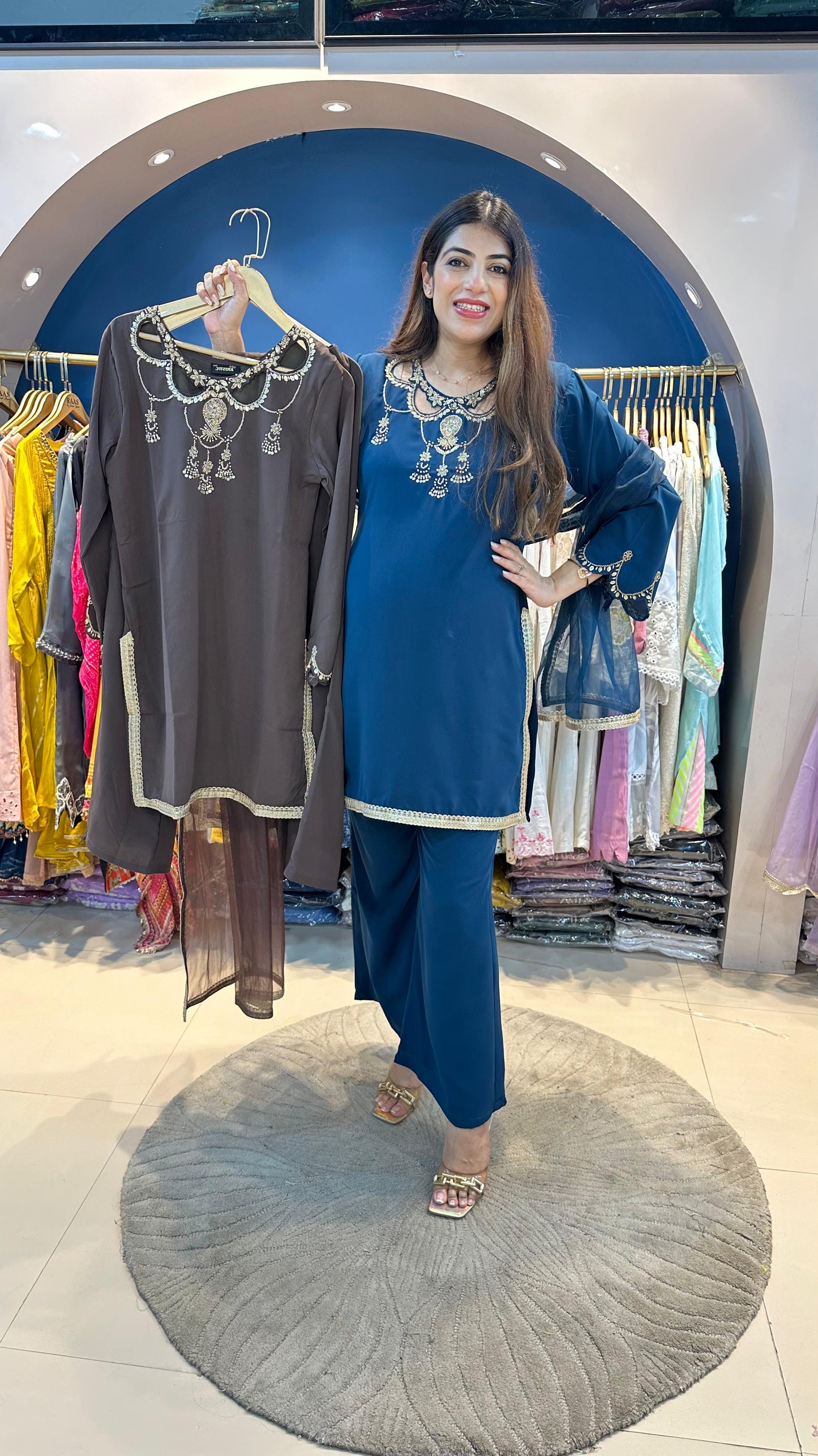 Imported Georgette Party Wear 3 pc Suit with Stylish Handwork on Neck with Organza Dupatta