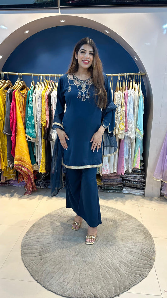 Imported Georgette Party Wear 3 pc Suit with Stylish Handwork on Neck with Organza Dupatta