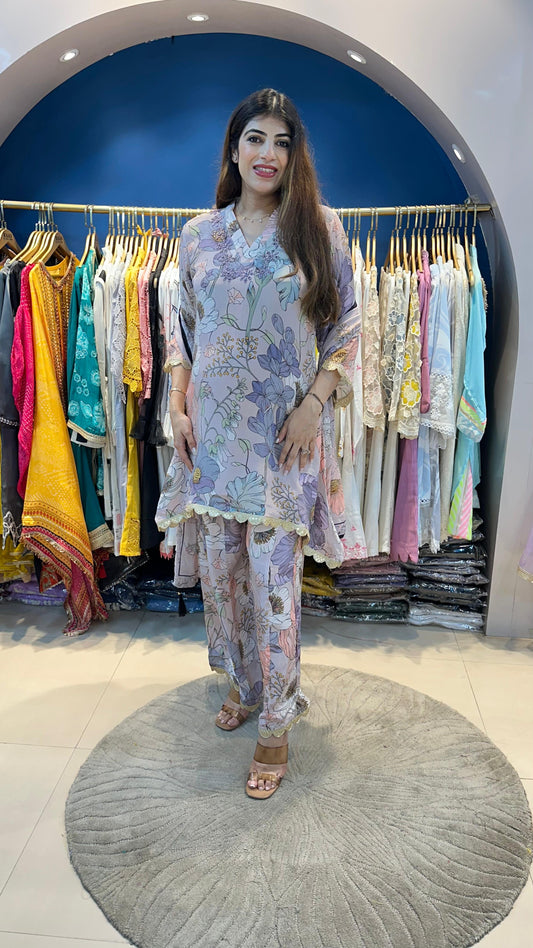 Digital Crepe 3 pc Party Wear Suit with Kali Sharara