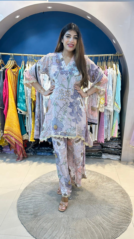 Digital Crepe 3 pc Party Wear Suit with Kali Sharara