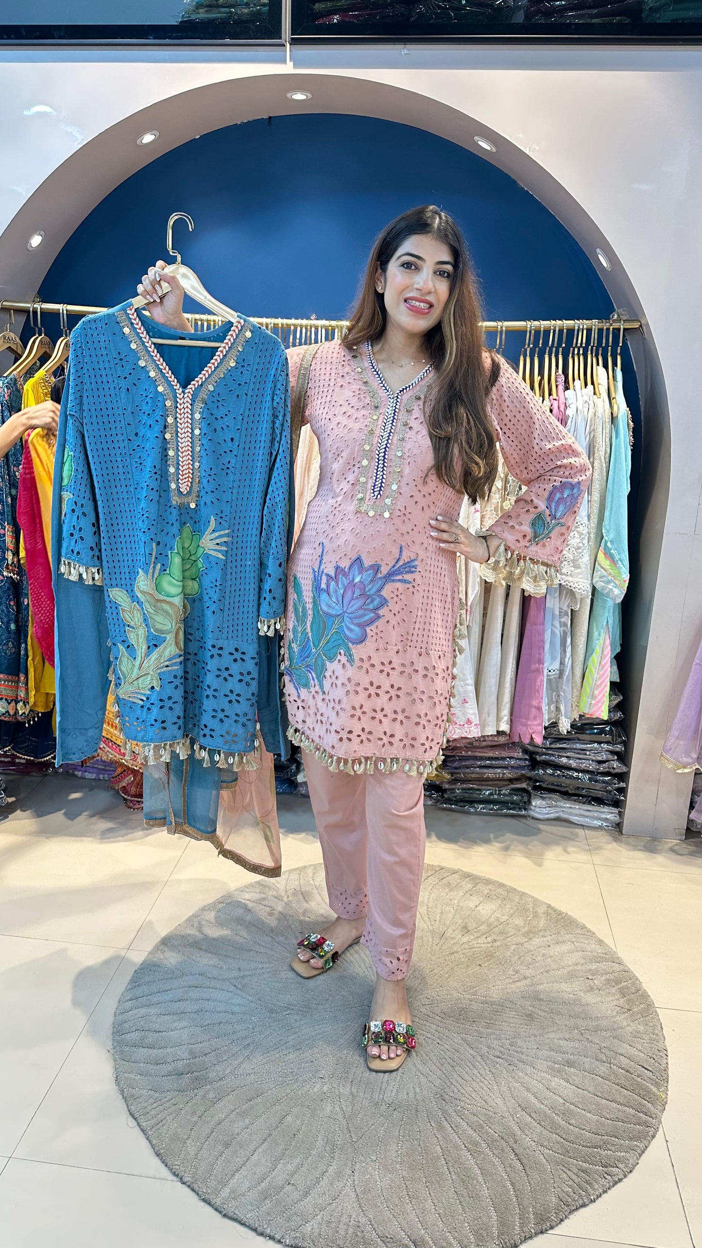 Hand Painted Schiffli 3pc Suit with Organza Dupatta