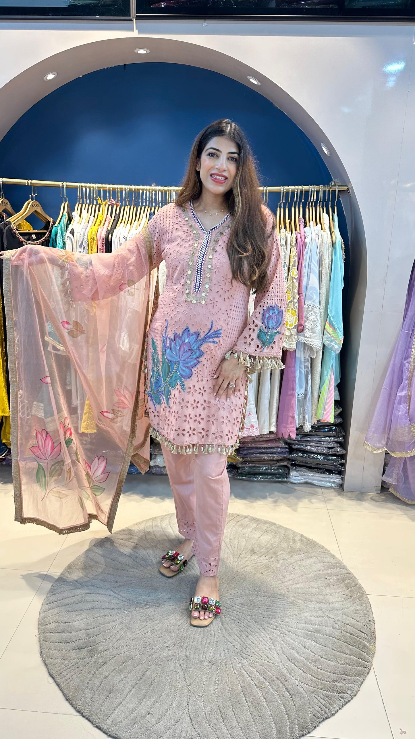 Hand Painted Schiffli 3pc Suit with Organza Dupatta