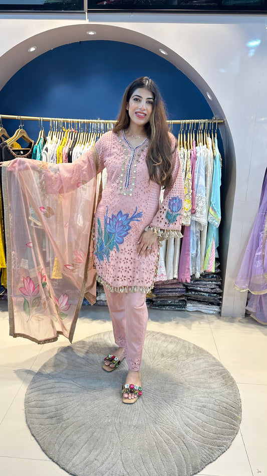 Hand Painted Schiffli 3pc Suit with Organza Dupatta