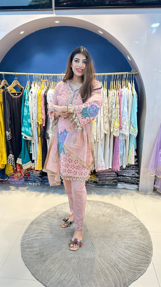 Hand Painted Schiffli 3pc Suit with Organza Dupatta