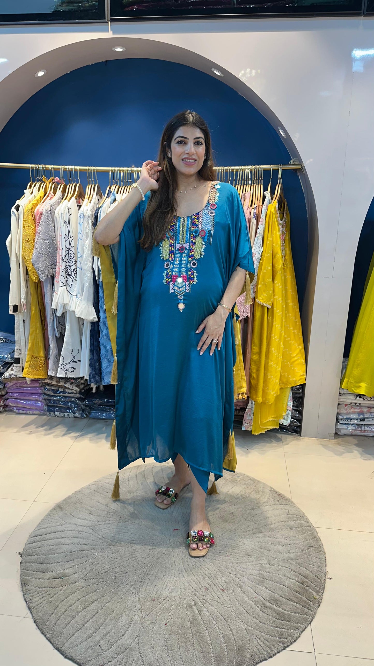 Imported fabric partywear kaftan with complete handwork neck line paired with dhoti pants
