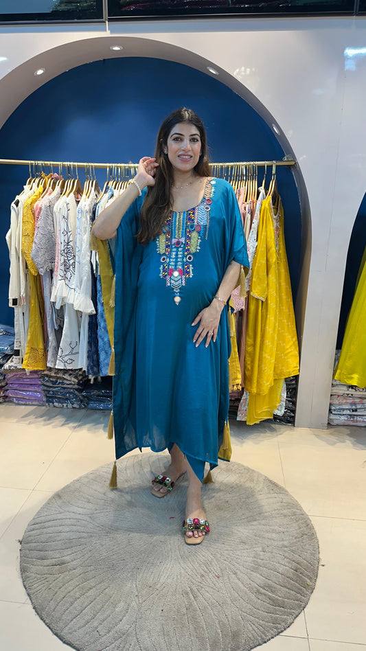 Imported fabric partywear kaftan with complete handwork neck line paired with dhoti pants