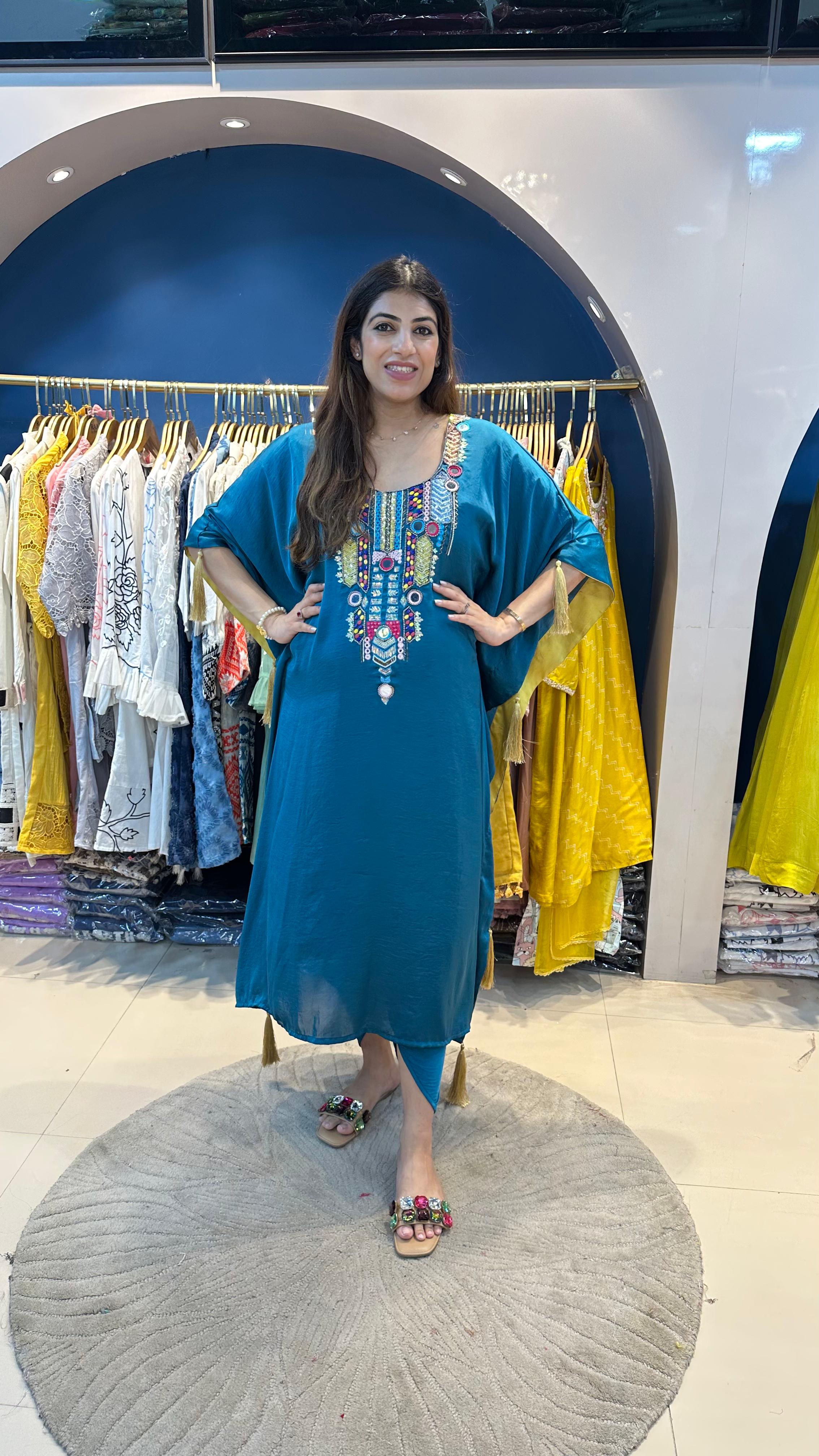 Imported fabric partywear kaftan with complete handwork neck line paired with dhoti pants