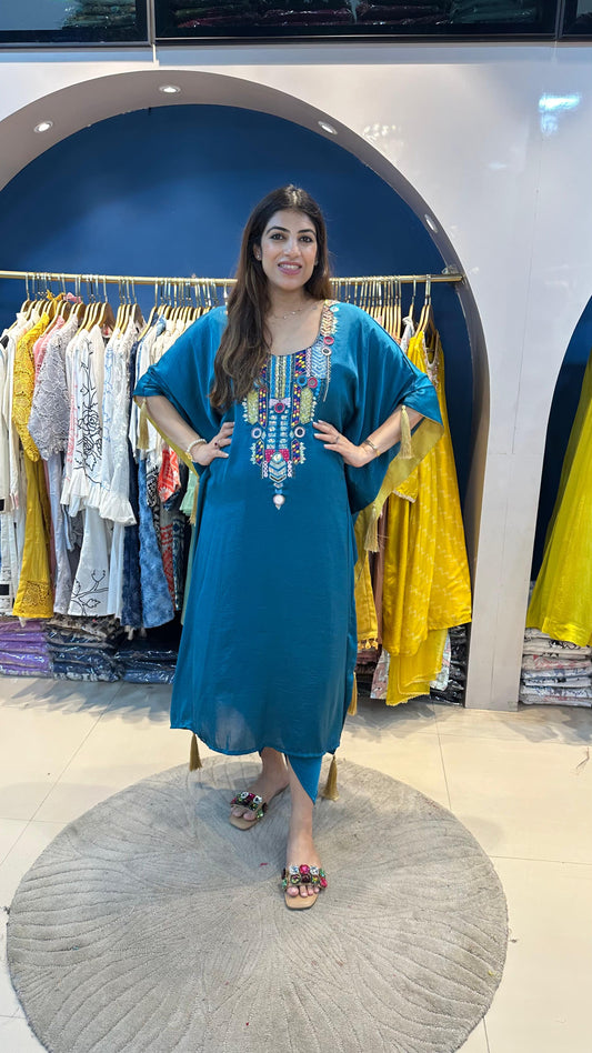 Imported fabric partywear kaftan with complete handwork neck line paired with dhoti pants