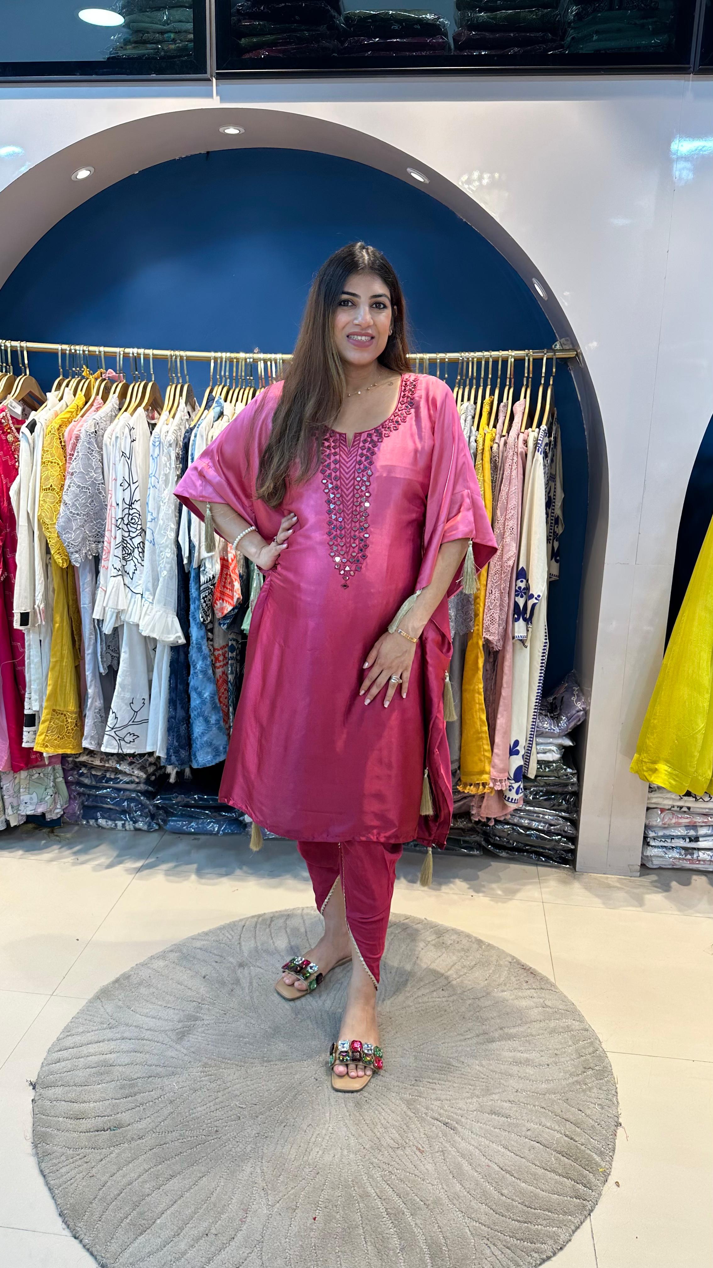 Imported fabric ombre partywear kaftan with complete handwork neck line paired with dhoti pants