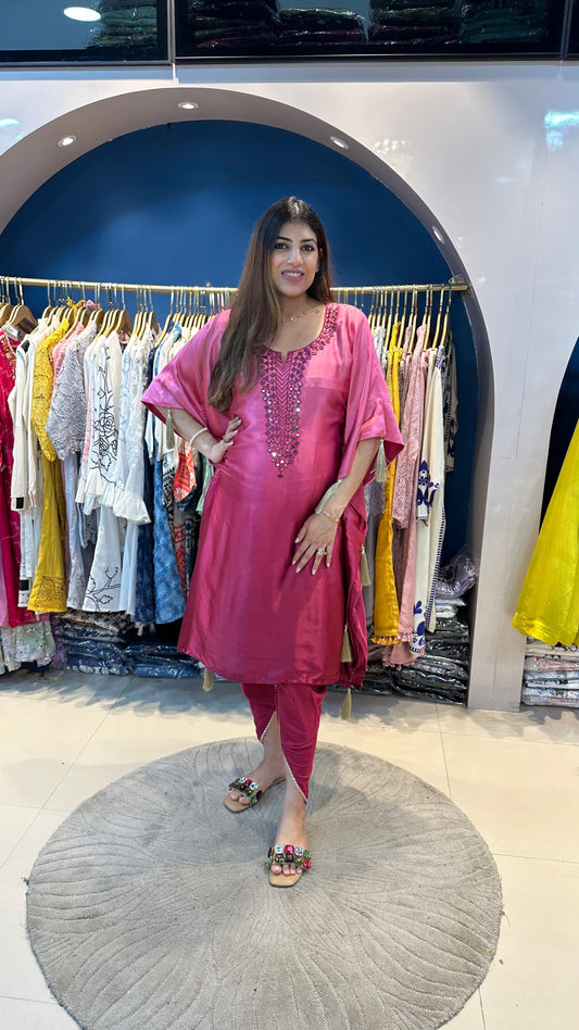Imported fabric ombre partywear kaftan with complete handwork neck line paired with dhoti pants