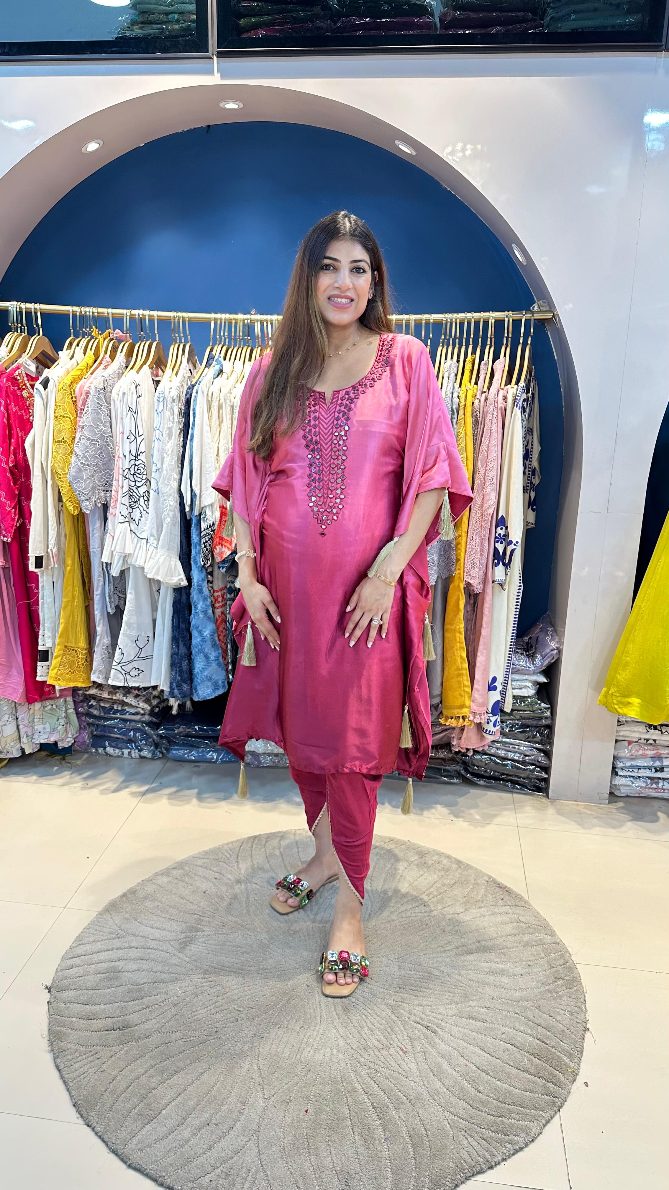 Imported fabric ombre partywear kaftan with complete handwork neck line paired with dhoti pants