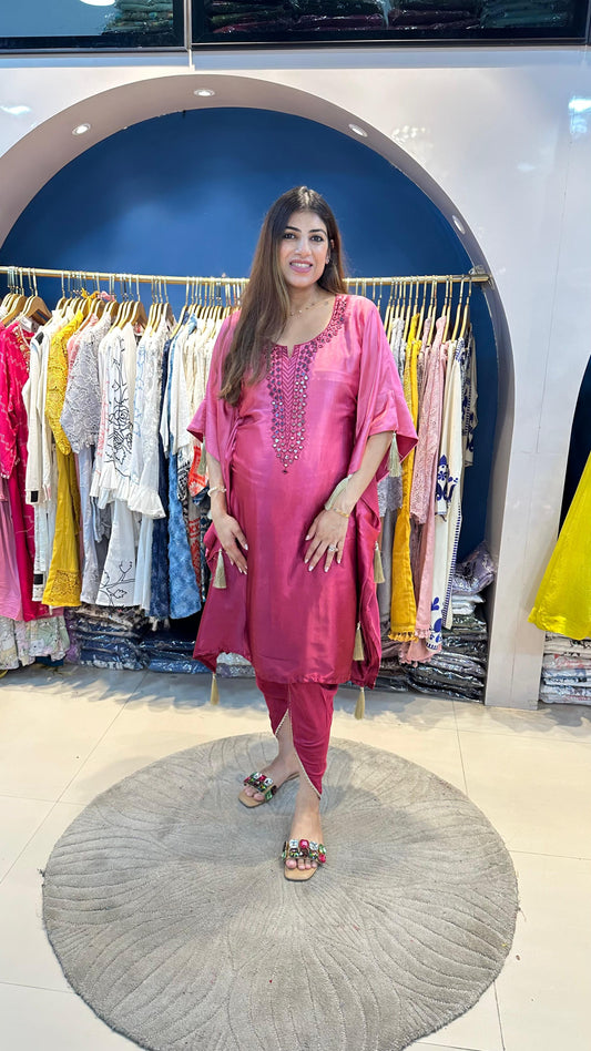 Imported fabric ombre partywear kaftan with complete handwork neck line paired with dhoti pants